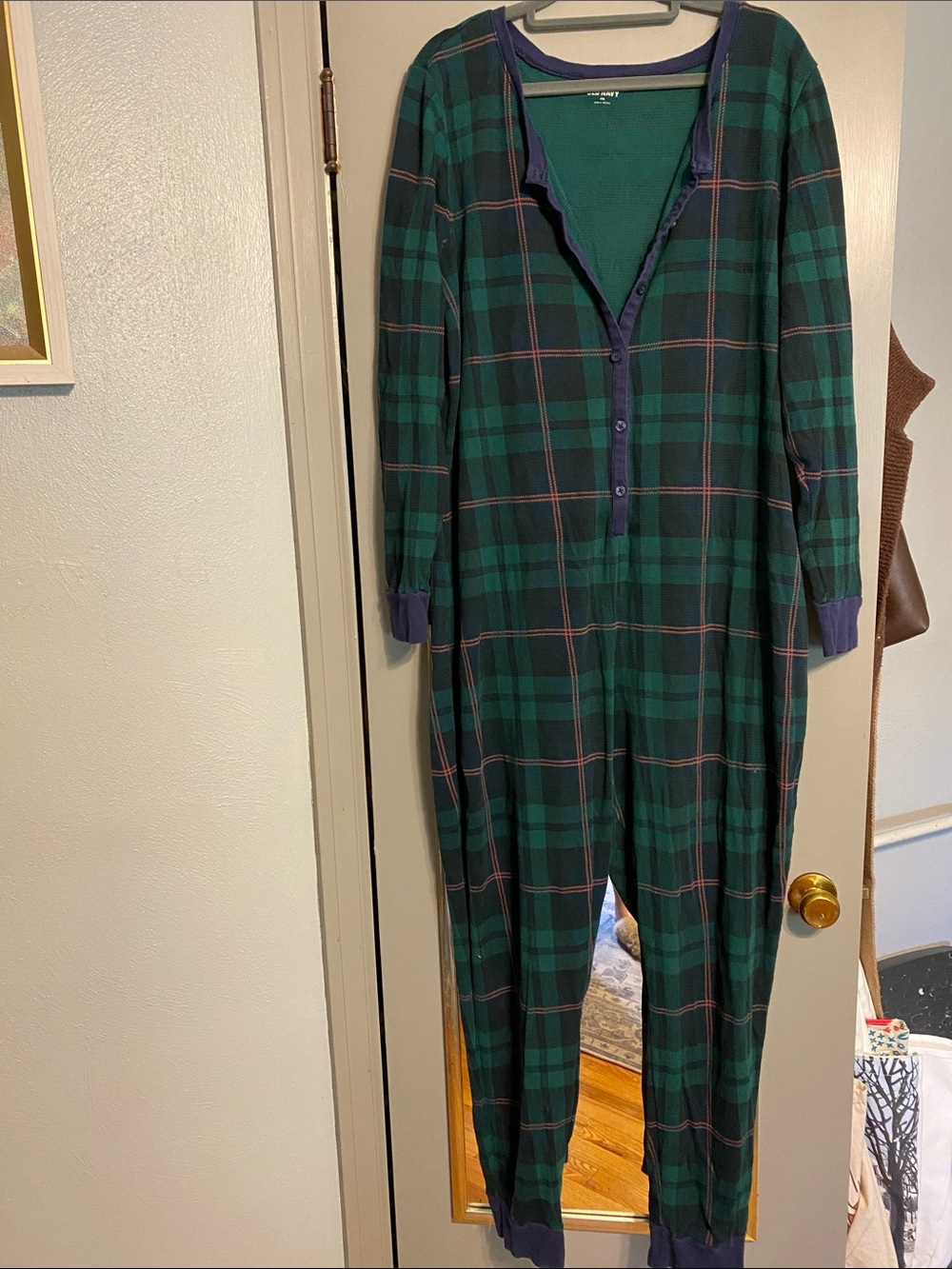 Old Navy Green Plaid Long Sleeve One-Piece Pajamas with Navy Trim